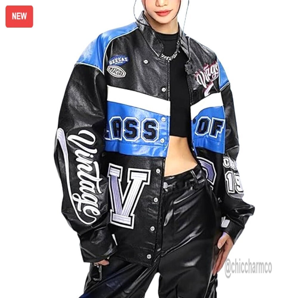 Oversized Leather Varsity Bomber Jacket Vintage Racing Streetwear Coat